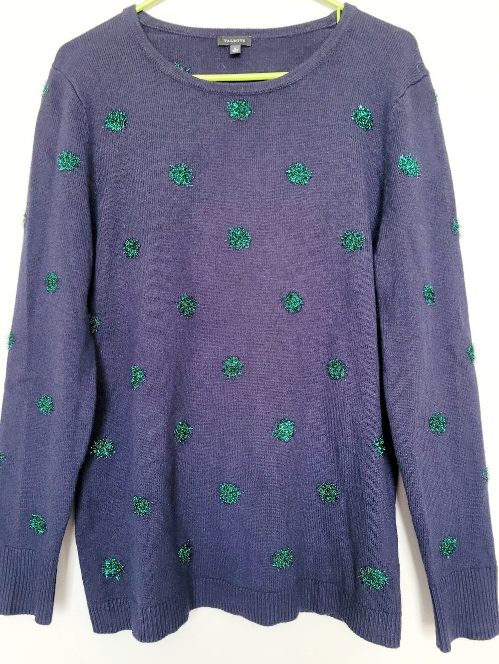 Talbots Wool Blnd Navy Crewneck Sweater with Green Tinsel Dot/Pom Accents Medium - Picture 3 of 14